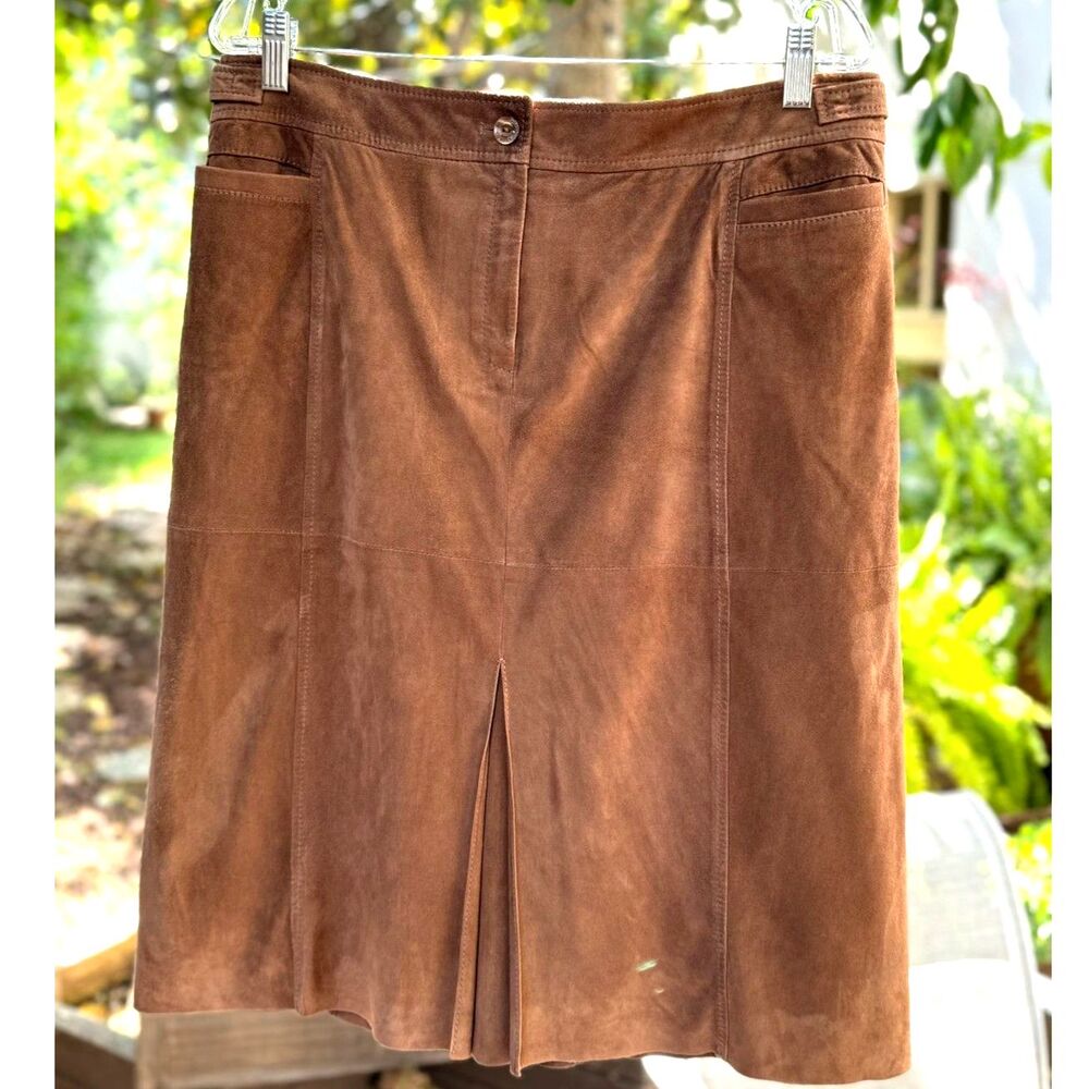 NWT Faconnable Chocolate Brown100% Suede Leather A Line Knee Length Skirt Sz 14